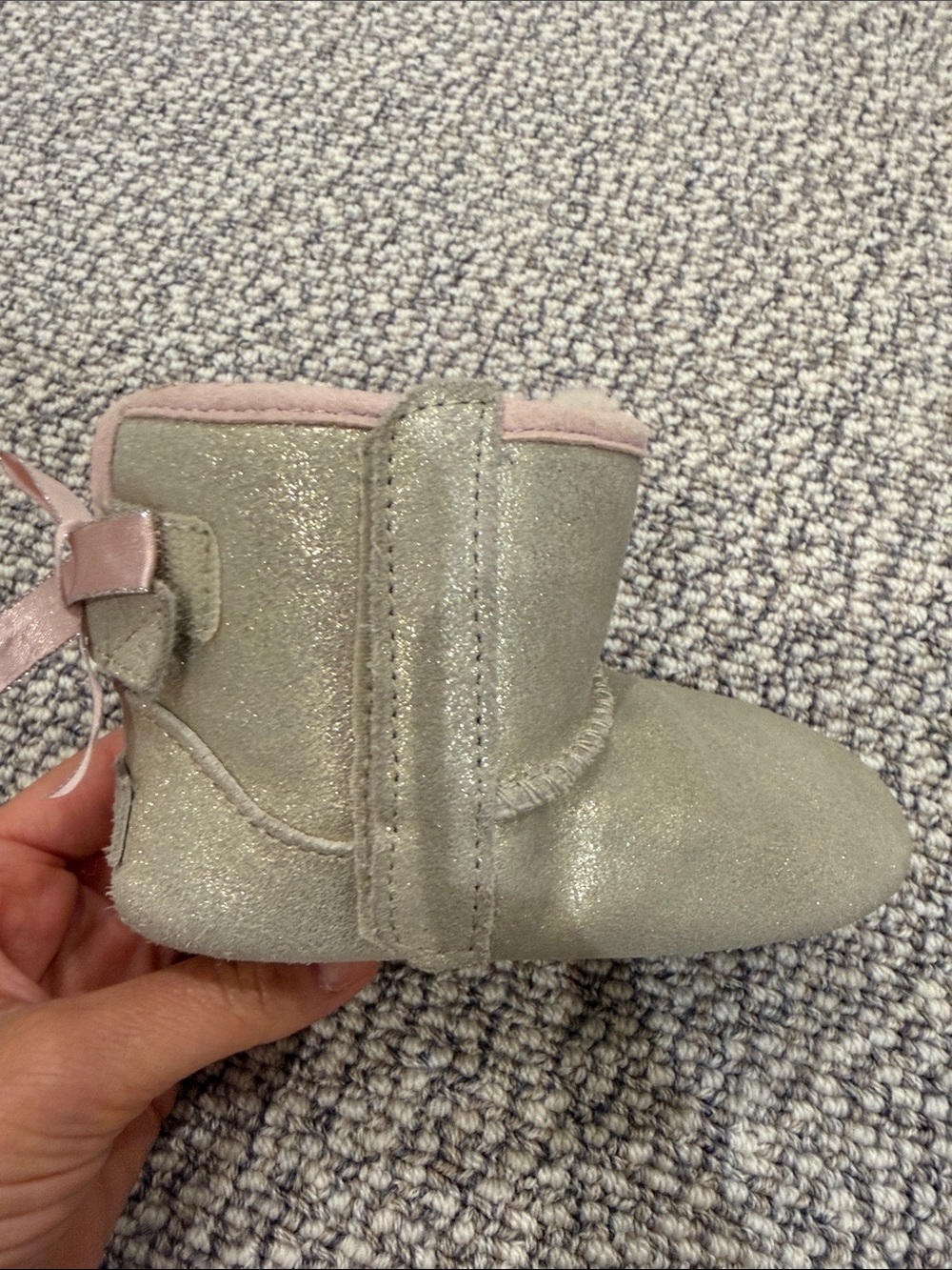 UGG Silver Glitter Baby Bootie with Pink Trim